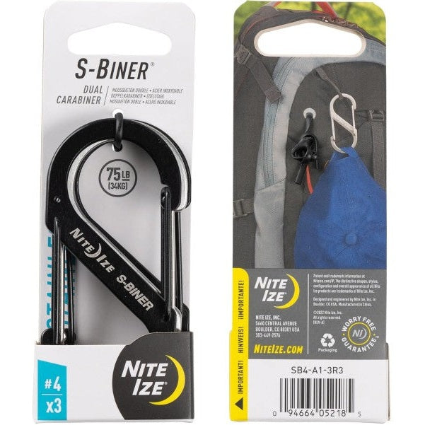 NITE IZE S-BINER SS DUAL-BINER #4 3PC PACK BLACK/STAINLESS SB4-A1-3R3 boatyardmalaysia