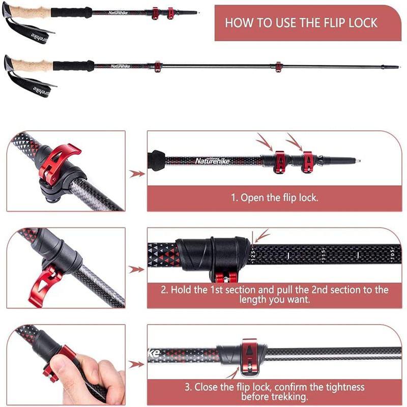 3-Node Carbon Fiber Telescopic Trekking Poles Red Trekking Poles by Naturehike | campsifu