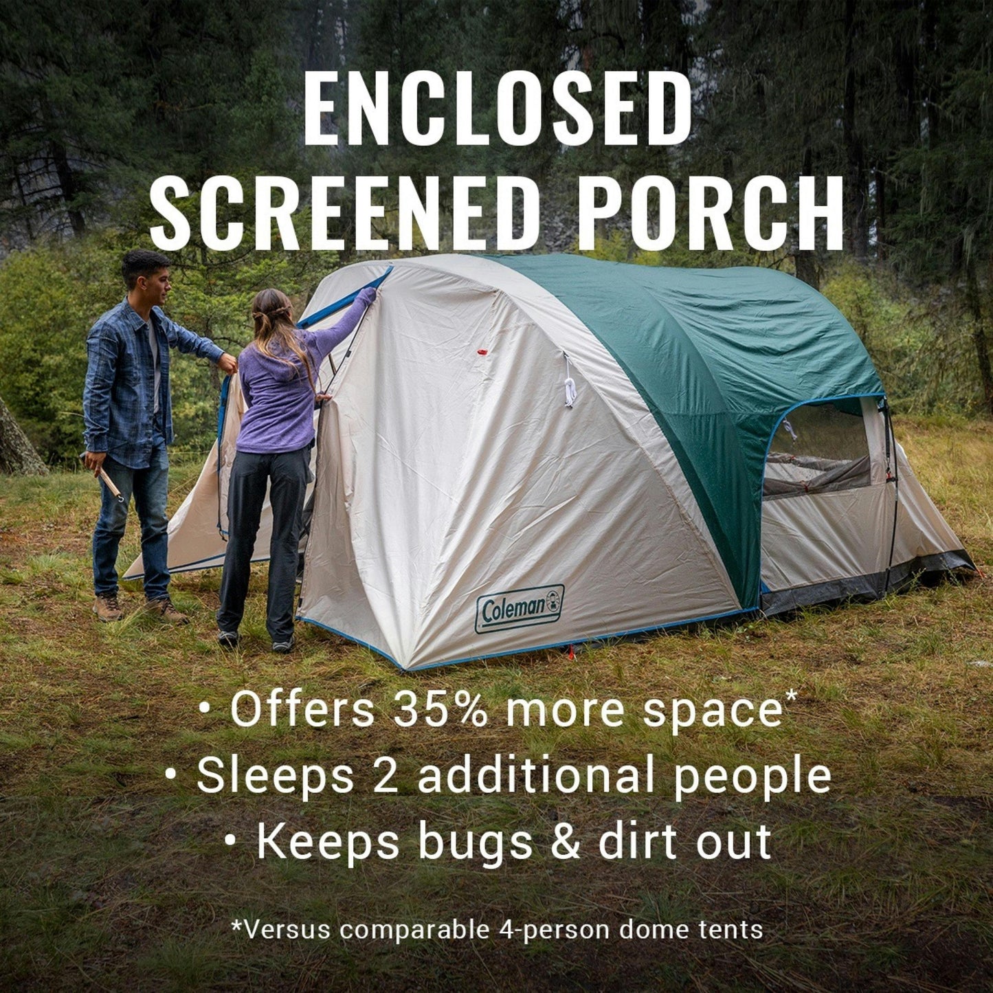 4-Person Cabin Tent with Enclosed Weatherproof Screened Porch, Evergreen Tents by Coleman | campsifu