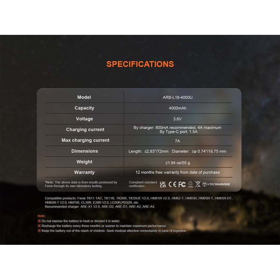 Fenix ARB-L18-4000U Rechargeable Battery boatyardmalaysia
