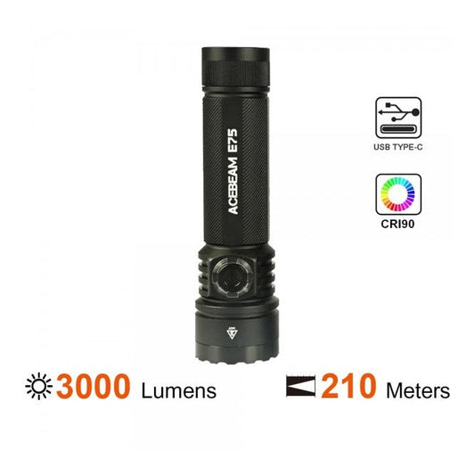 E75 Black 5000K Neutral White LED 3000 Lumens USB Rechargeable EDC Flashlight boatyardmalaysia